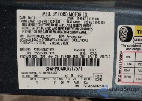 2012 Ford Fusion Sel z USA, uszkodzony, nr VIN 3FAHP0JA8CR217571